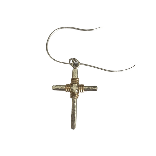 Handmade Silver Hammered Cross necklace with gold trim.