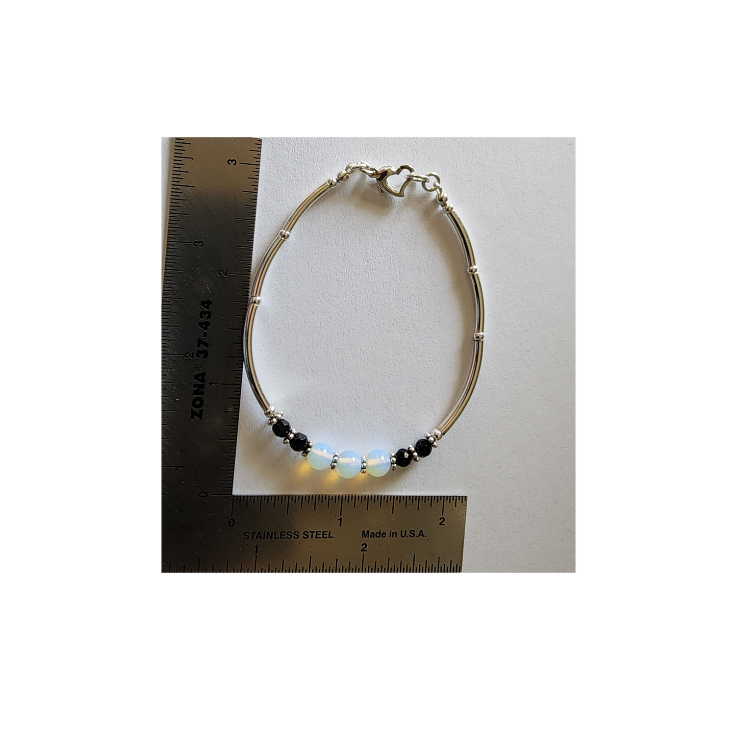 Handmade Womans Silver and Onyx and Opalite Beaded Bracelet