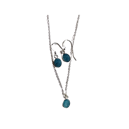 Handmade Womans Silver Blue Resin Necklace Earring Set