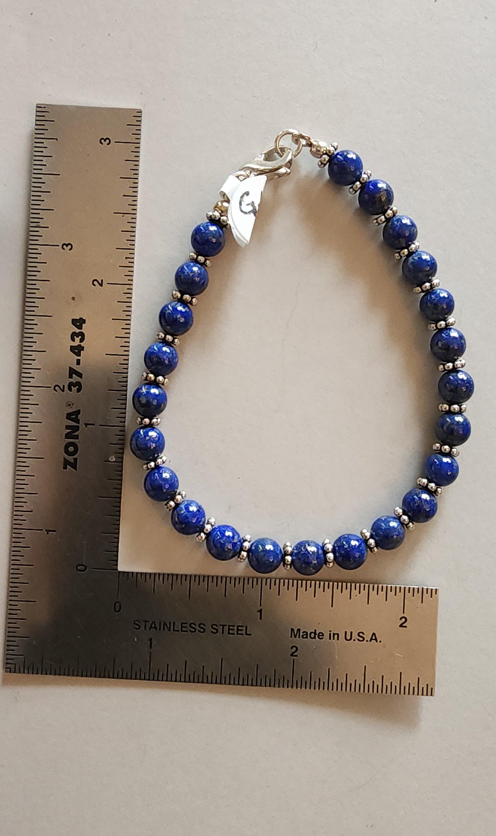 Handmade Womans Lapis Lazuli and Sterling Silver Beaded Bracelet - Gilded Heart Designs
