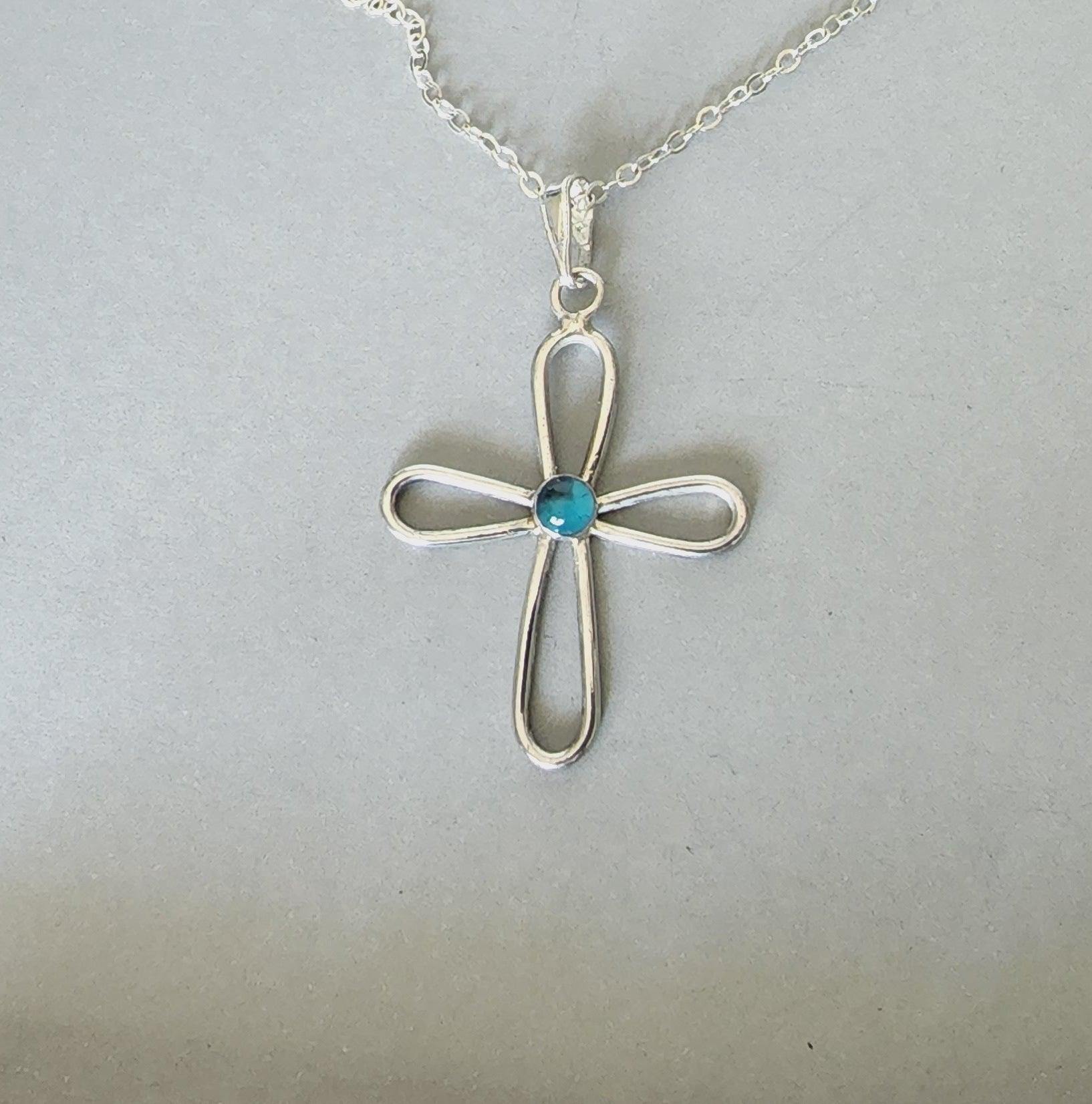 Handmade Sterling Silver Cross with Blue Topaz Gemstone - Gilded Heart Designs