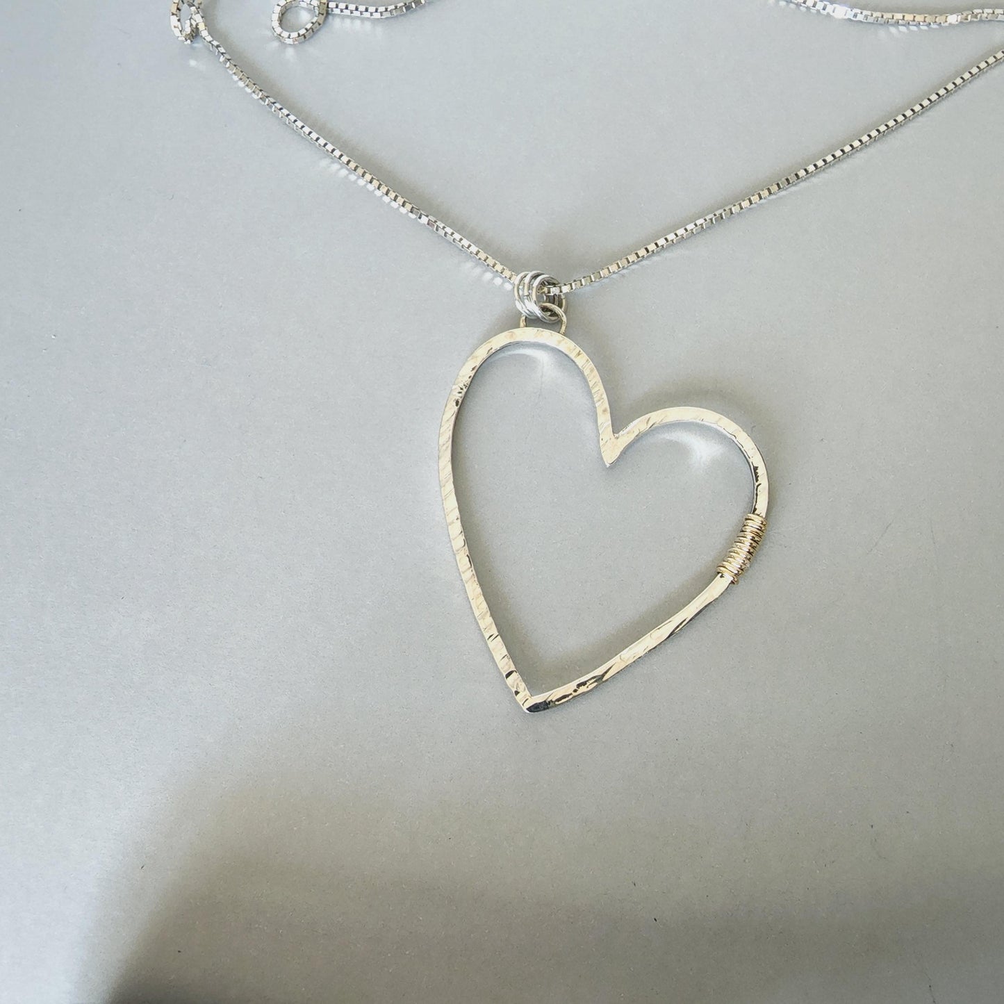 Handmade Sterling Silver Hammered Large Crazy Heart Necklace with Gold Filled Trim - Gilded Heart Designs