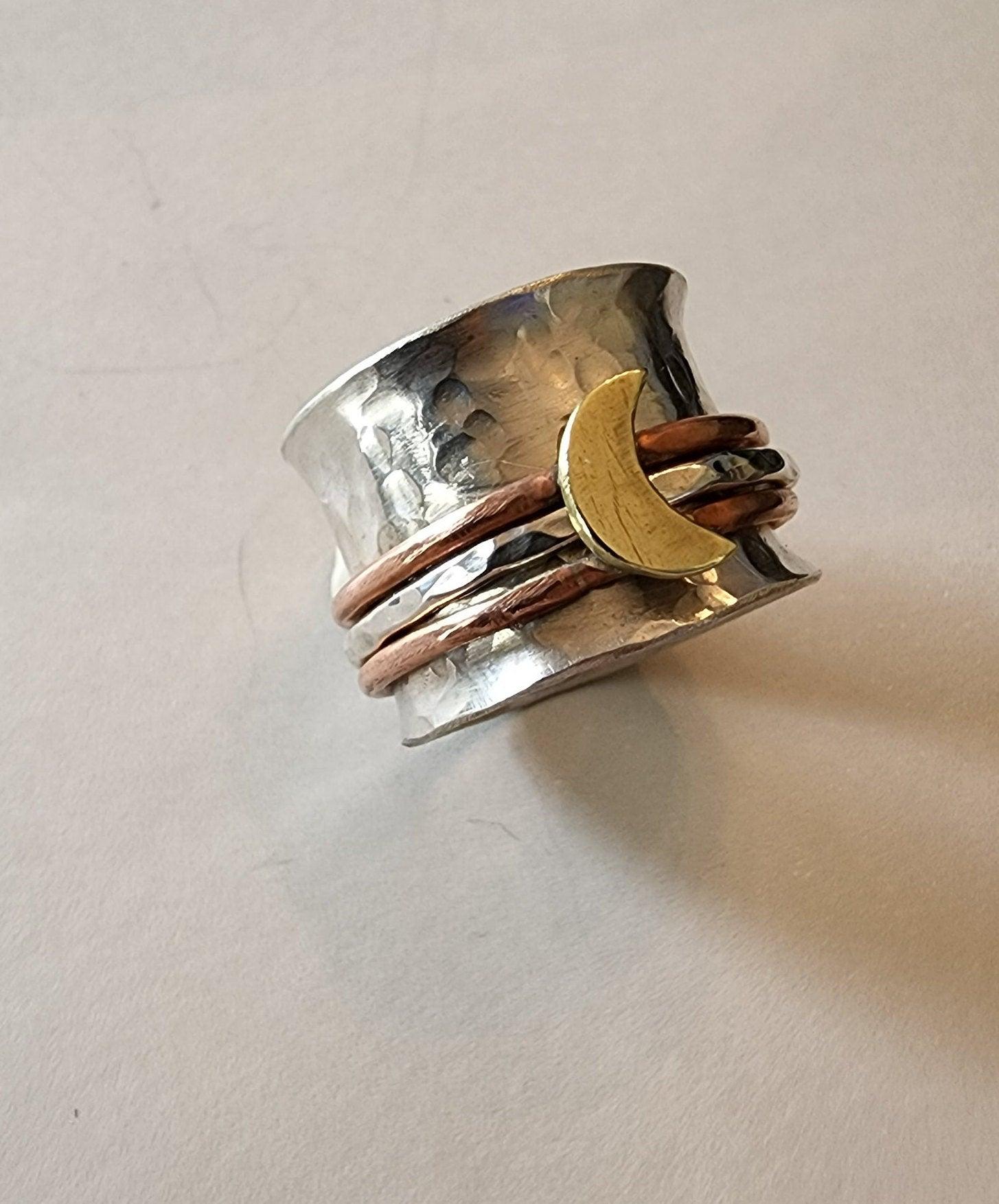 Sterling Silver and Mixed Metal Cresent Moon Spinner Ring - Gilded Heart Designs