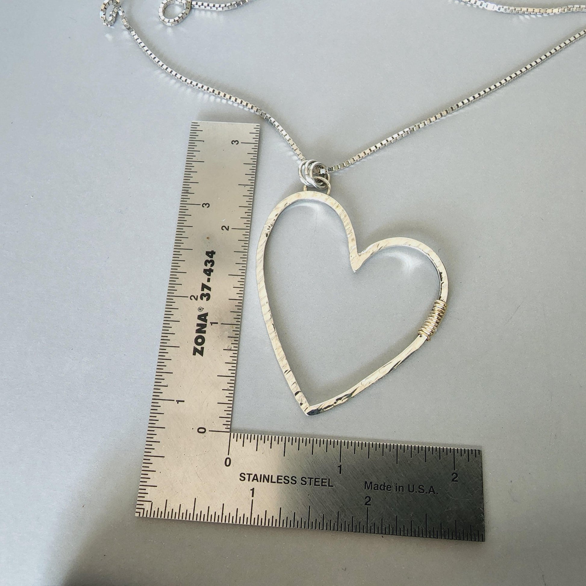 Handmade Sterling Silver Hammered Large Crazy Heart Necklace with Gold Filled Trim - Gilded Heart Designs