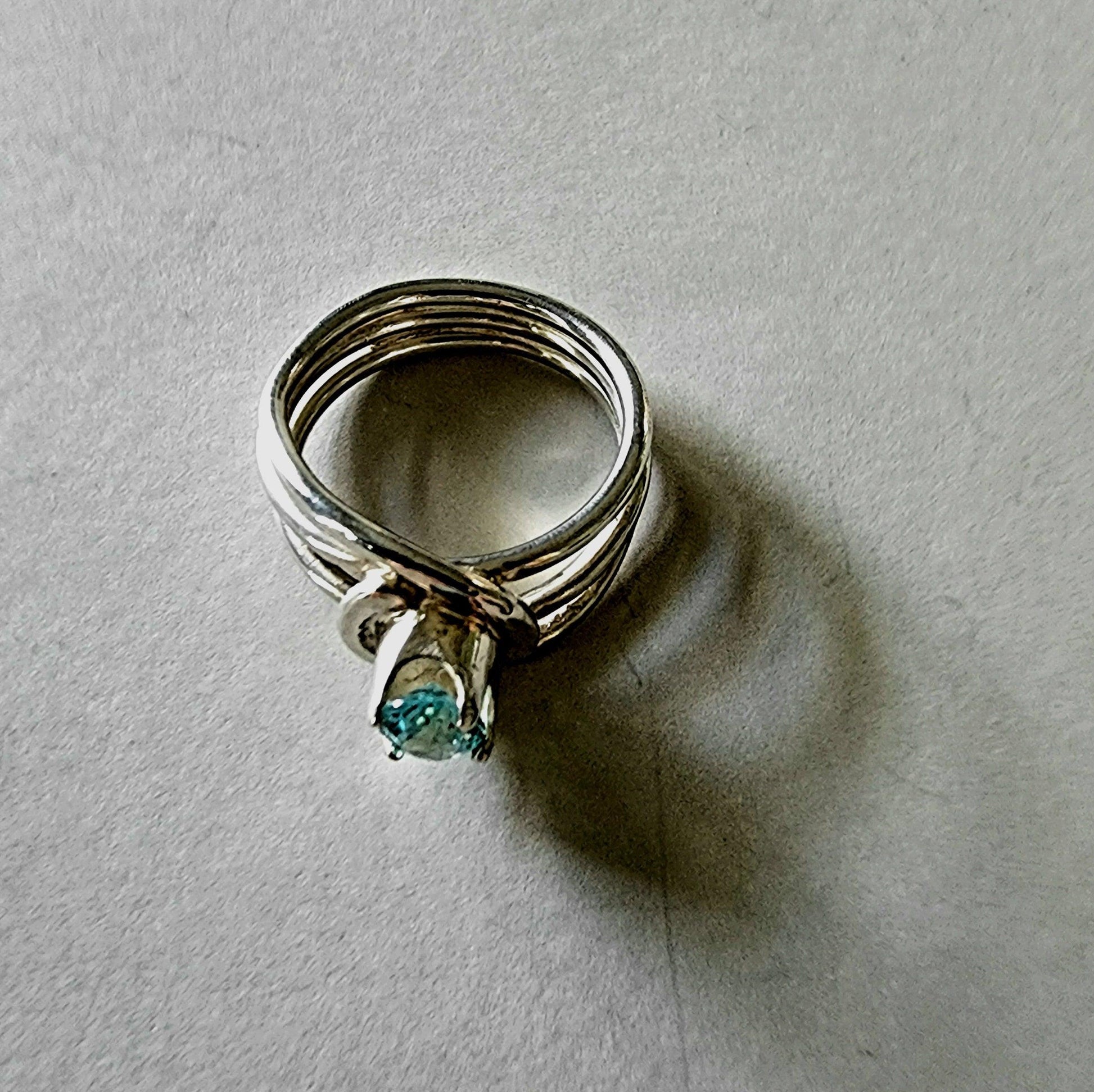 Womans Sterling Silver 3 Band Wrap Around Ring with Blue Oval Solitaire Gemstone - Gilded Heart Designs