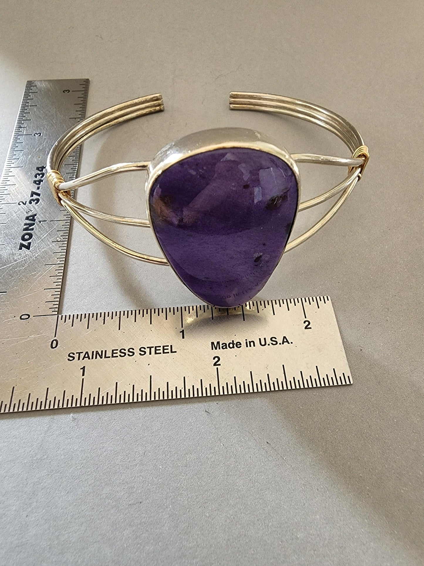 Womans Handmade Charoite and Sterling Silver Cuff Bracelet