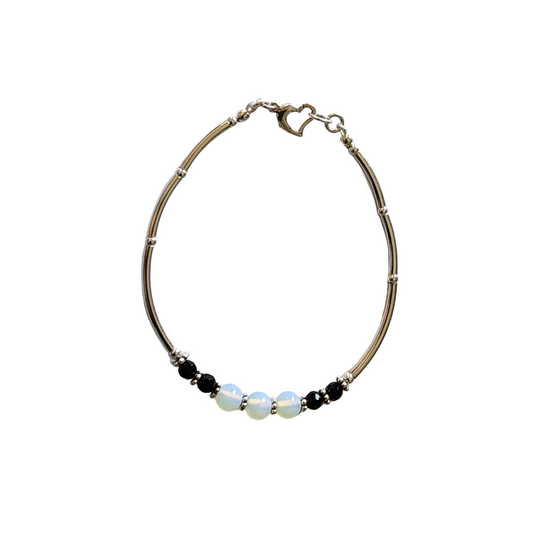 Handmade Womans Silver and Onyx and Opalite Beaded Bracelet