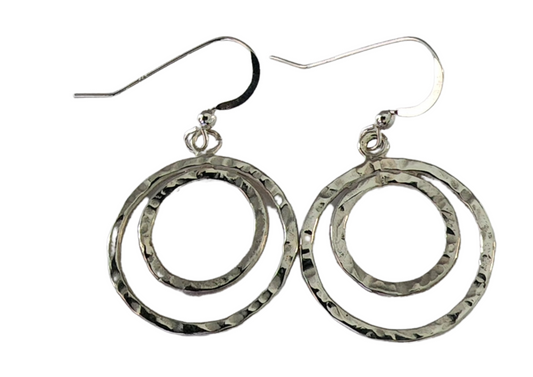 Handmade Womans Sterling Silver Textured Small Double Circle Earrings