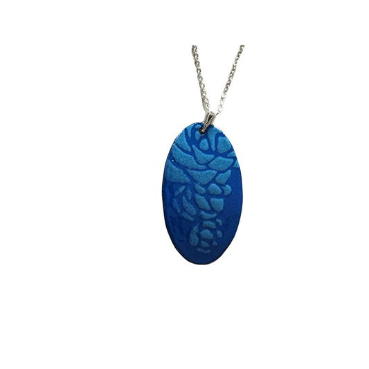 Handmade Womans Two Tone Blue Enameled Copper Oval Necklace with Raised Floral Pattern and Sterling Silver Chain
