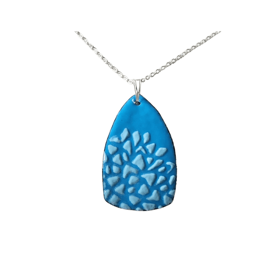Handmade Womans Two Tone Blue Enameled Copper Shield Necklace with Raised Floral Pattern and Sterling Silver Chain