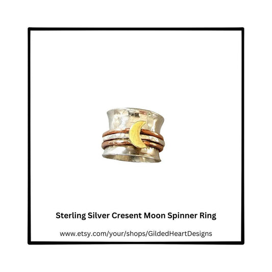 Sterling Silver and Mixed Metal Cresent Moon Spinner Ring - Gilded Heart Designs