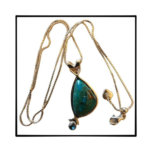 Womans Handmade Chrysocolla and Blue Zircon Sterling Silver Pendent