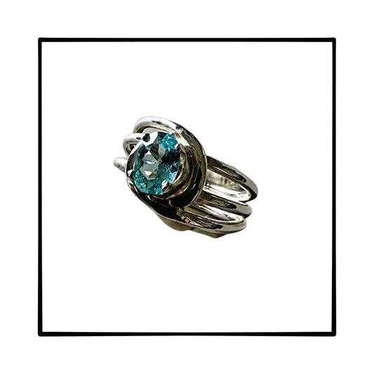 Womans Sterling Silver 3 Band Wrap Around Ring with Blue Oval Solitaire Gemstone - Gilded Heart Designs