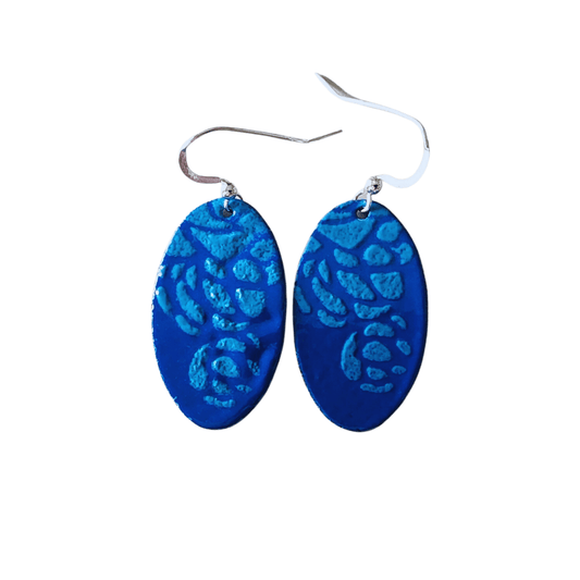 Handmade Womans Enameled Copper Blue Oval Pierced Earrings