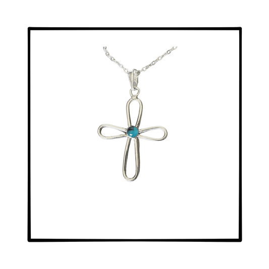 Handmade Sterling Silver Cross with Blue Topaz Gemstone - Gilded Heart Designs