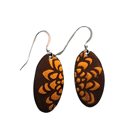 Handmade Womans Enameled Copper Brown and Orange Oval Pierced Earrings - Gilded Heart Designs