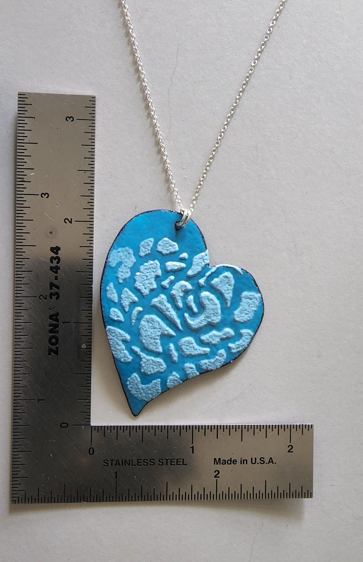 Handmade Womans Two Tone Teal Enameled Copper Crazy Heart with Raised Pattern and Sterling Chain - Gilded Heart Designs