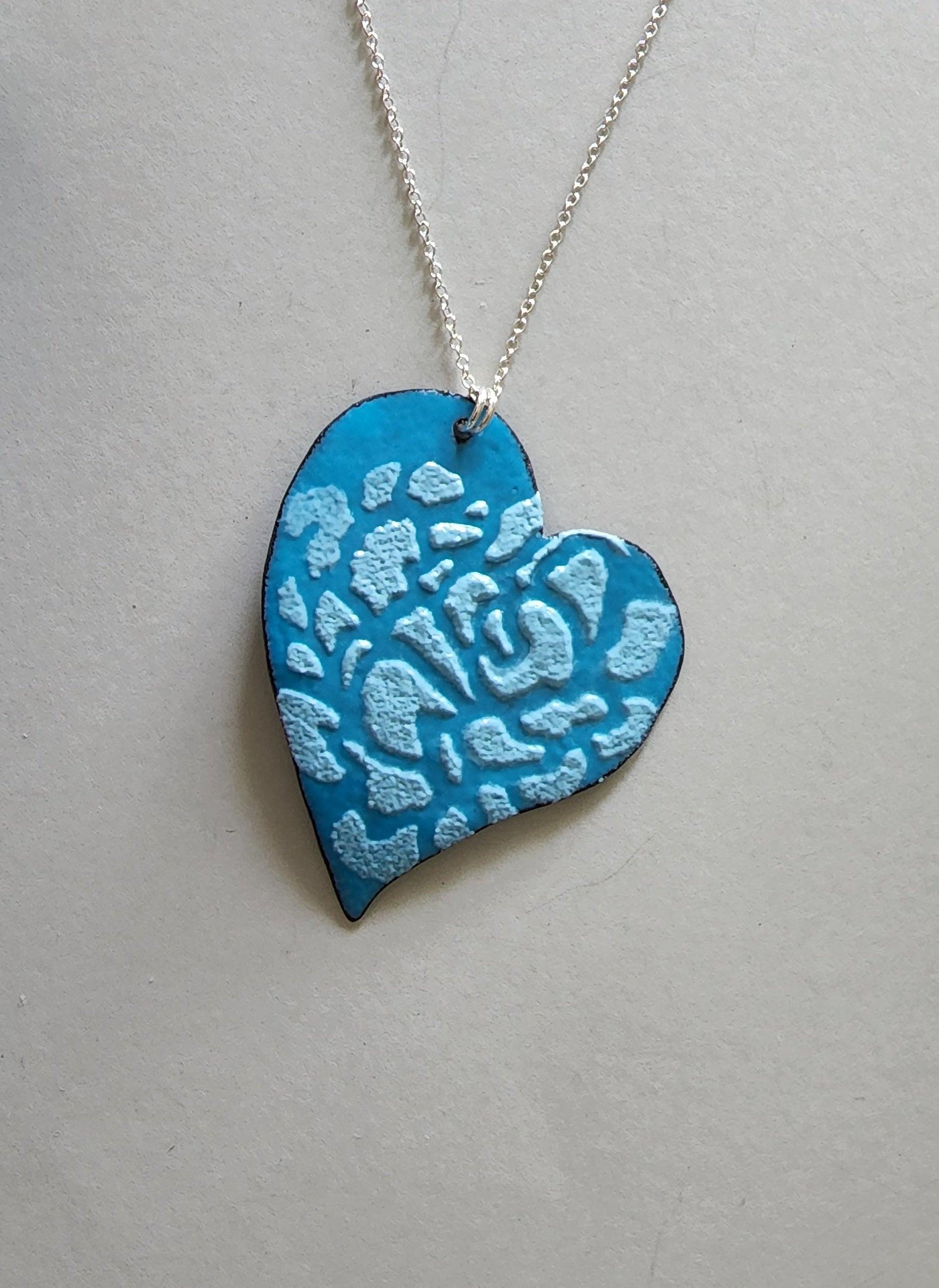 Handmade Womans Two Tone Teal Enameled Copper Crazy Heart with Raised Pattern and Sterling Chain - Gilded Heart Designs