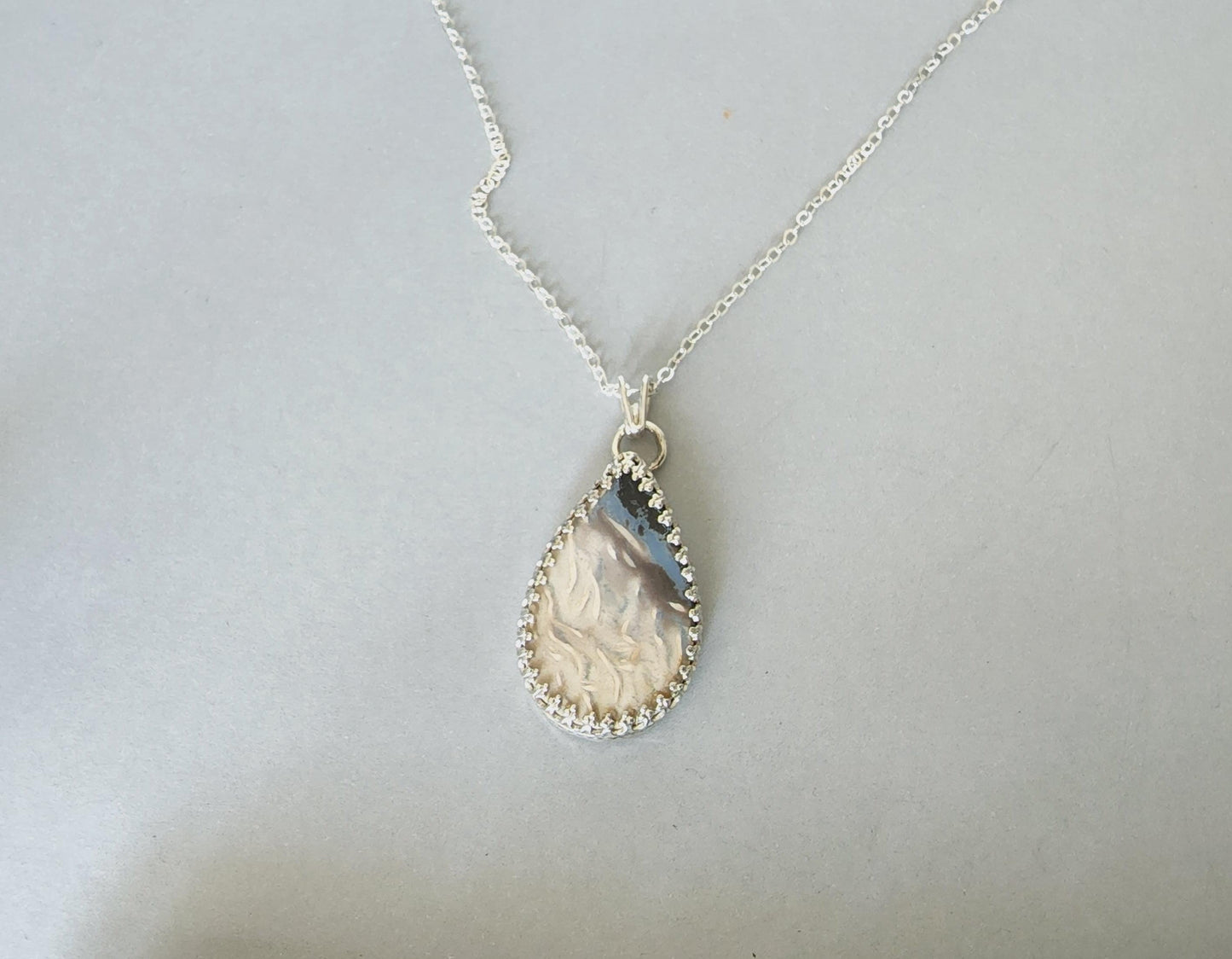 Handmade Sterling Silver and Petrified Palmwood Stone Fossil Teardrop Necklace - Gilded Heart Designs